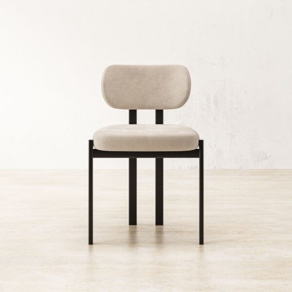 Front view of the Solene dining chair showcasing its comfortable beige upholstered seat and backrest. The chair is supported by a sleek black metal frame with clean lines, blending modern aesthetics with practical functionality. The frame ensures stability while the cushioning provides a luxurious seating experience