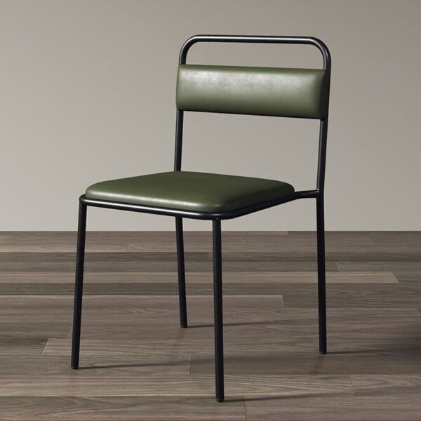 Olive Green faux leather industrial dining chair with black steel frame