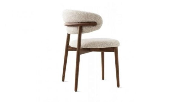 Rear view of Caelina Wooden Dining Chair with curved, upholstered backrest and seat in light textured fabric