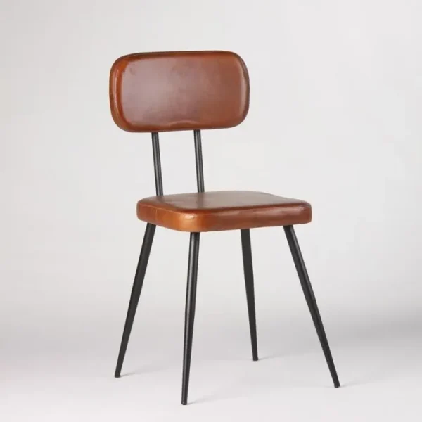 Side view of a modern dining chair with a cushioned brown leather seat and backrest, supported by sleek black metal legs, perfect for contemporary dining spaces