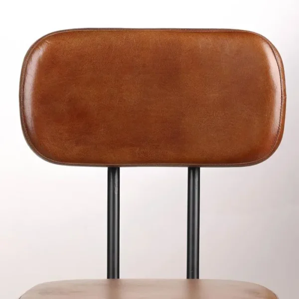 Close-up of the cushioned brown leather backrest of a modern dining chair, showcasing the smooth texture and fine craftsmanship, supported by black metal rods