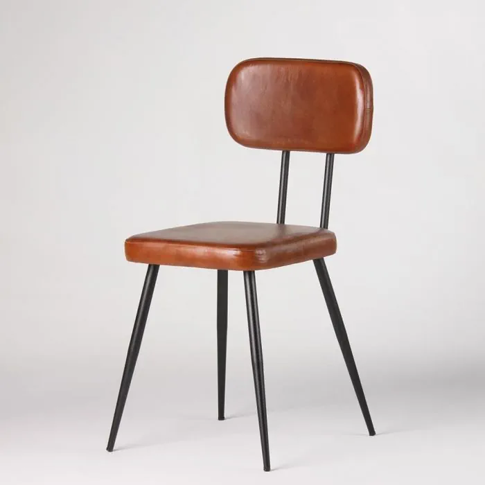 Side view of a modern dining chair with a cushioned brown leather seat and backrest, supported by sleek black metal legs, perfect for contemporary dining spaces