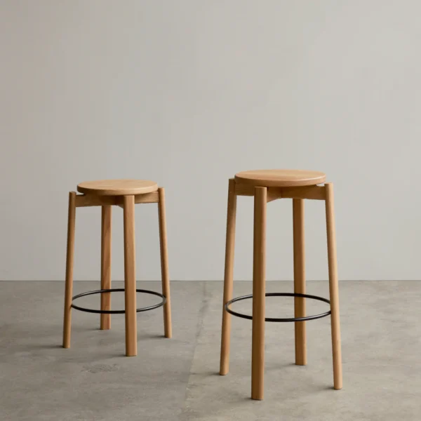 2 Bao bar stool in 2 sizes, counter and bar stool sizes, in natural oak and black footrest