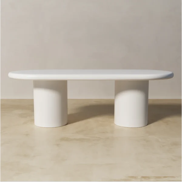 Shiro white oval dining table made of painted mdf by kersetna lebanon in a neutral setting