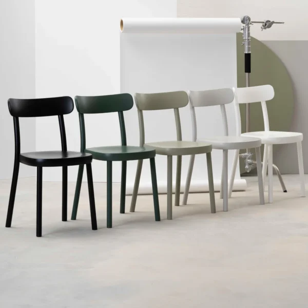 Vincent dining chair in Black, mineral green, pastel green, light gray and white lined up next to each other