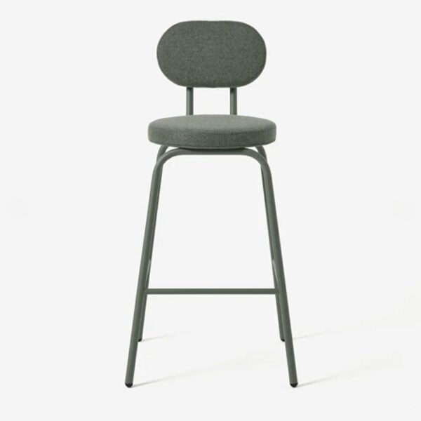 Front view of the lucinda bar chair, in green paint,Backrest and seat pad are upholstered in a matching green fabric. The bar chair is placed in front of clean minimalistic white background