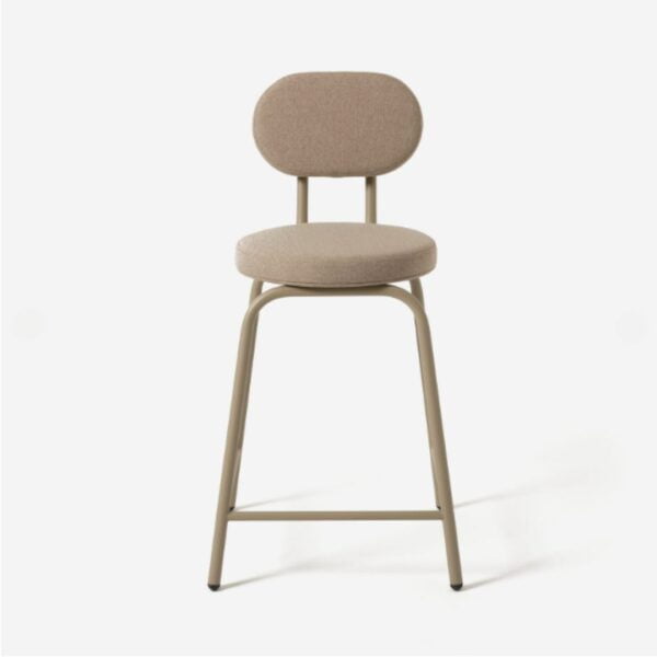 Front view of the Lucinda steel bar stool, handcrafted by kersetna lebanon, steel frame is painted in mute beige and the seat and backrest are also upholstered in beige