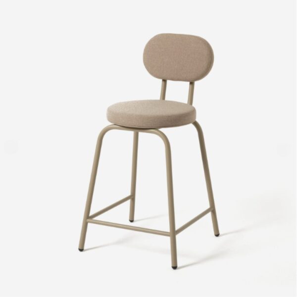 Side view of the Lucinda steel bar stool, handcrafted by kersetna lebanon, steel frame is painted in mute beige and the seat and backrest are also upholstered in beige