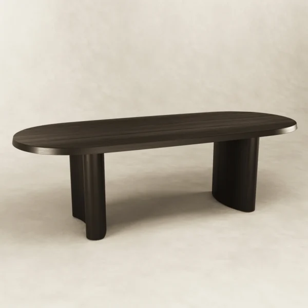 Angled view of Loki ash dining table stained in black, handcrafted by kersetna lebanon