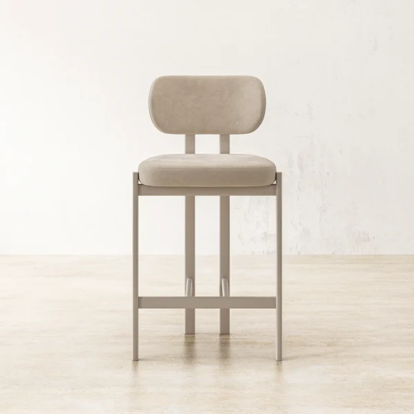 Solene bar stool, made of oval steel tubes and upholstered back and seat in beige