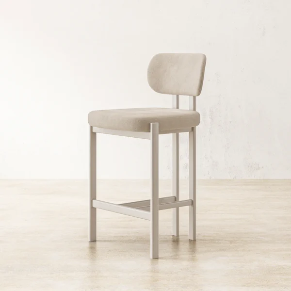 angled view of solene steel bar chair in beige paint and upholstery