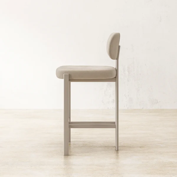 side view of solene steel bar chair in beige paint and upholstery