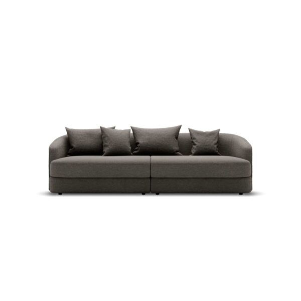 front view of Sophie sofa in taupe colored boucle fabric in front of a white background