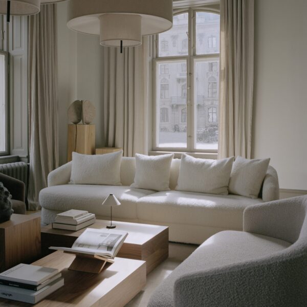 A luxurious off-white sofa with soft, curved lines and boucle upholstery takes center stage in this modern living room. Manufactured by Kersetna, the sofa’s elegant design enhances the cozy atmosphere, complemented by matching plush cushions. The curved silhouette contrasts beautifully with the clean, minimalist aesthetic of the space, featuring wooden coffee tables and large windows with beige curtains. The boucle fabric adds a textured, inviting touch, making the sofa both a stylish and comfortable focal point of the room.