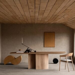 Minimalist dining table handcrafted in Lebanon with oak wood and oak veneer, modern and timeless design