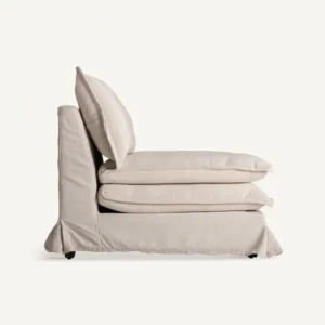 Side profile of the Lynn Lounge Chair with double seat cushions and slipcover