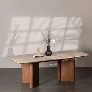 Contraria dining table , the table top is made out of travertino classico and the double bases are made of moisture proof mdf and Ash veneer