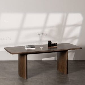 Pille dining rectangular table, two table bases in solid ash wood and wood veneer finished in walnut