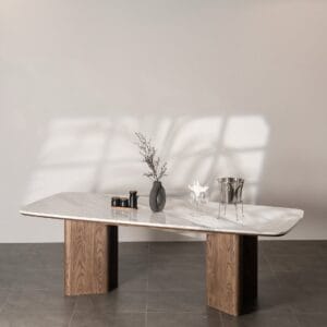Handcrafted dining table in Lebanon with a solid ash wood base and Volakas marble top — modern and timeless design