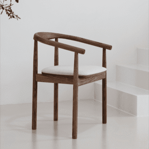 Emma dining armchair, curved oak backrest with an upholstered elliptical cushioned seat-pad, crafted by kersetna lebanon