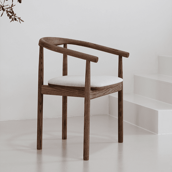 Emma dining armchair, curved oak backrest with an upholstered elliptical cushioned seat-pad, crafted by kersetna lebanon