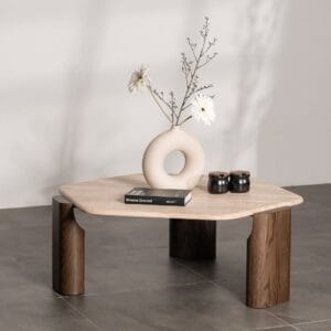 Hexa coffee table, made out of solid ash wood and a travertino top, crafted by kersetna lebanon
